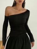 Women's Sexy One Shoulder Off Long Sleeve T-Shirt Viscose Elastane Slim Fit Solid Black Top Autumn Winter Casual Pullover