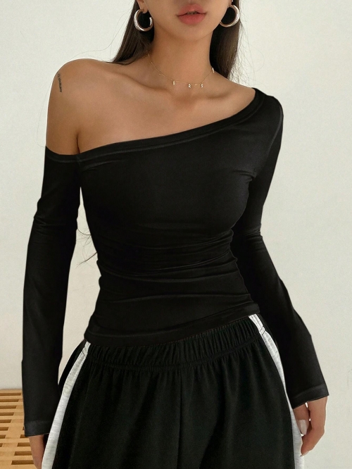 Women's Sexy One Shoulder Off Long Sleeve T-Shirt Viscose Elastane Slim Fit Solid Black Top Autumn Winter Casual Pullover