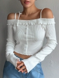 Women's Off The Shoulder Long Sleeve T-Shirt Ribbed Knit Button Front Slim Fit Crop Top Casual Sweet Style Cotton Blend Basic Tee