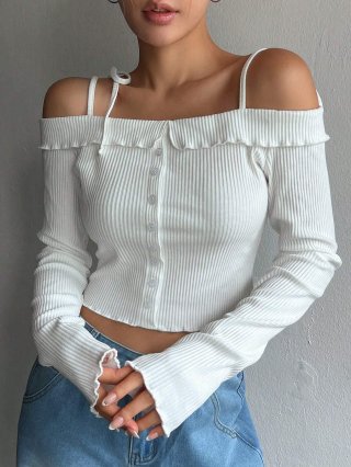 Women's Off The Shoulder Long Sleeve T-Shirt Ribbed Knit Button Front Slim Fit Crop Top Casual Sweet Style Cotton Blend Basic Tee