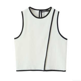 Women's Summer Sleeveless Tank Top Contrast Trim Round Neck Back Keyhole Button Top Casual Polyester Blouse Streetwear For Women
