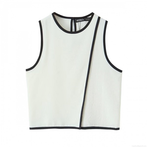 Women's Summer Sleeveless Tank Top Contrast Trim Round Neck Back Keyhole Button Top Casual Polyester Blouse Streetwear For Women