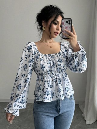 Women's Floral Long Sleeve T-Shirt Square Neck Puff Sleeve Open Back Tie Up Top Sweet French Style Polyester Spandex Tee for Casual Daily Dating Summer Autumn