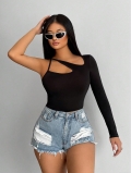 Women Sexy Off Shoulder Hollow Out Asymmetric Long Sleeve T-Shirt Slim Fit Solid Color Polyester Elastane Streetwear Clubwear Fall Top