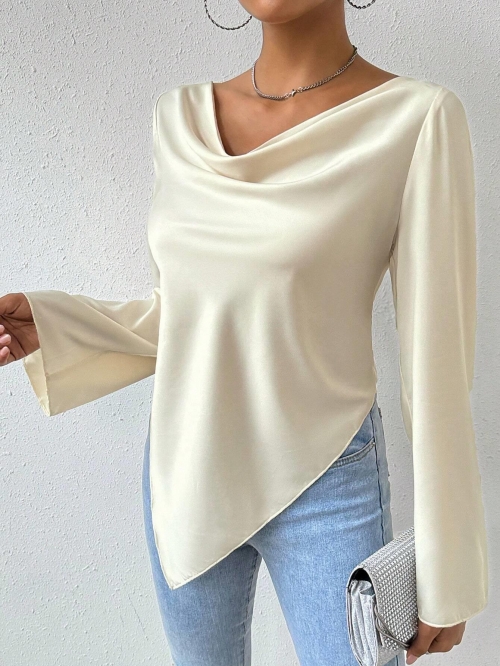 Women Elegant Cowl Neck Satin Long Sleeve Top Asymmetric Hem Silk-Like Solid Color Polyester Elastane Commuter Blouse Office Wear Chic T-Shirt