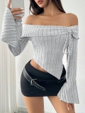 Women Sexy Off Shoulder Rib Knit T-Shirt Flare Sleeve Drawstring Cropped Top Asymmetric Hem Streetwear Slim Fit Polyester Long Sleeve Pullover