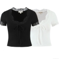 Women's Summer V-Neck Lace Patchwork T-Shirt Sexy Short Sleeve Ribbed Knit Top With Bow Tie Front Casual Slim Fit Streetwear Cotton Blend Blouse