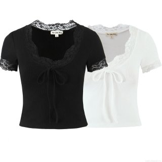 Women's Summer V-Neck Lace Patchwork T-Shirt Sexy Short Sleeve Ribbed Knit Top With Bow Tie Front Casual Slim Fit Streetwear Cotton Blend Blouse