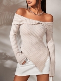 Women Off Shoulder T-Shirt Polyester Viscose Ribbed Knit Irregular Hem Long Sleeve Slim Fit Chic Elegant Top Sexy Casual Autumn Winter Basic Pullover