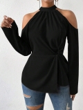Women's Long Sleeve T-Shirt 100% Polyester Cold Shoulder Halter Neck Twist Knot Front Solid Color Elegant Commuter Style Slim Fit Chic Blouse Top