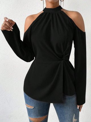 Women's Long Sleeve T-Shirt 100% Polyester Cold Shoulder Halter Neck Twist Knot Front Solid Color Elegant Commuter Style Slim Fit Chic Blouse Top