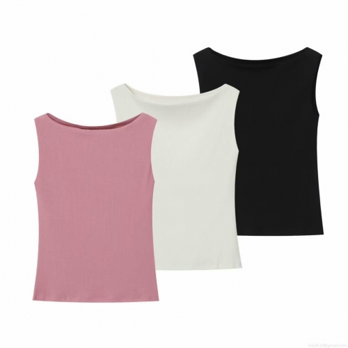 Women's Sleeveless Ribbed Knit Tank Top Summer Solid Color Slim Fit Boat Neck Polyester T-Shirt Basic Streetwear Top For Women