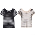 Women's Summer Striped Knit T-Shirt Slim Fit Round Neck Short Sleeve Tee Casual Streetwear Color Block Polyester Top