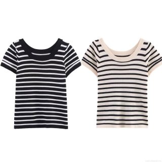 Women's Summer Striped Knit T-Shirt Slim Fit Round Neck Short Sleeve Tee Casual Streetwear Color Block Polyester Top