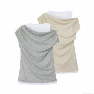 Women's Summer Fake Two-Piece Sleeveless Knit Tank Top Asymmetric Ruched Casual Streetwear Layered Round Neck T-Shirt For Women Vest Top