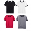 Women's Knit Short Sleeve T-Shirt 100% Polyester Contrast Color Block Round Neck Pullover Casual Streetwear Tee Top for Summer Ladies