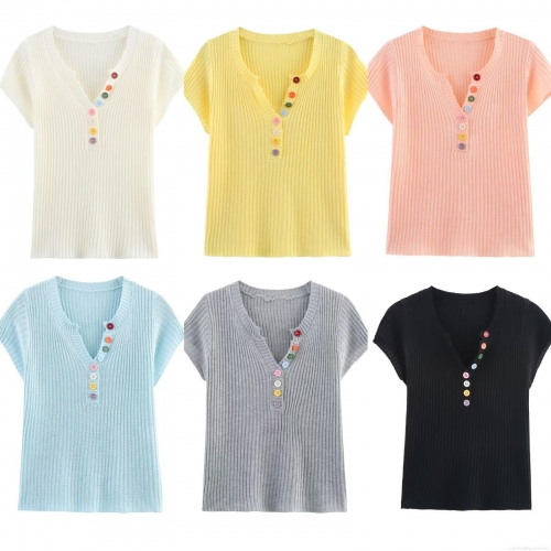 Women's V Neck Knitted T-Shirt Ribbed Short Sleeve Top With Colorful Decorative Buttons Casual Slim Fit Polyester Summer Clothing For Ladies