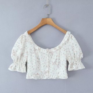 Women's French Floral Print Crop Top Sexy U Neck Puff Sleeve Button Front Ruffle Smocked T-Shirt Polyester Blend Summer Vacation Streetwear Tee Top for Ladies