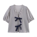Women's V-Neck Striped Seersucker Short Sleeve T-Shirt Casual Dual Bow Tie Decor Puff Sleeve Blouse Top For Summer Streetwear