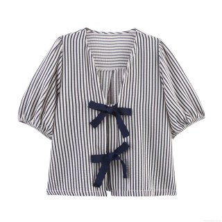 Women's V-Neck Striped Seersucker Short Sleeve T-Shirt Casual Dual Bow Tie Decor Puff Sleeve Blouse Top For Summer Streetwear