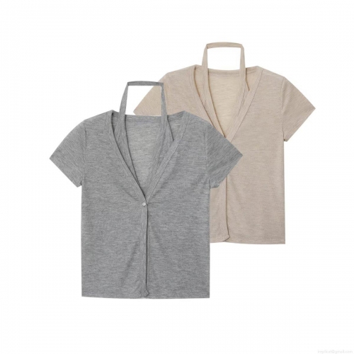 Women's Summer Knitted Fake Two-Piece T-Shirt V-Neck Halter Short Sleeve Top Casual Button Decoration Streetwear Tee