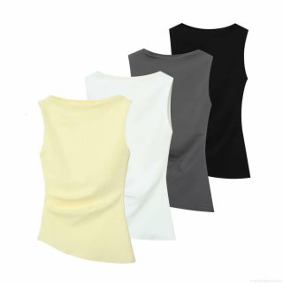 Women's Asymmetric Hem Sleeveless T-Shirt Solid Color Polyester Side Ruched Slim Fit Vest Casual Summer Streetwear Top For Daily Party