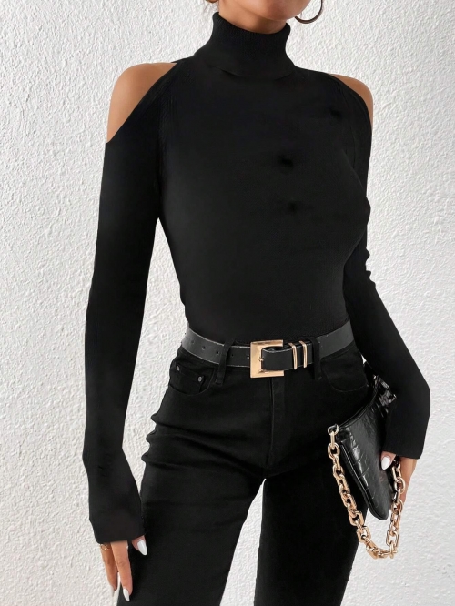 Women's Elegant Cold Shoulder High Neck Long Sleeve T-Shirt Slim Fit Solid Color Polyester Elastane Ribbed Knit Top for Autumn Winter Commuting Daily Wear
