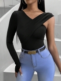 Women's Sexy Asymmetric One-Shoulder Long Sleeve T-Shirt Slim Fit Cross V-Neck Solid Color Polyester Elastane Ribbed Top Streetwear for Daily Dating Party