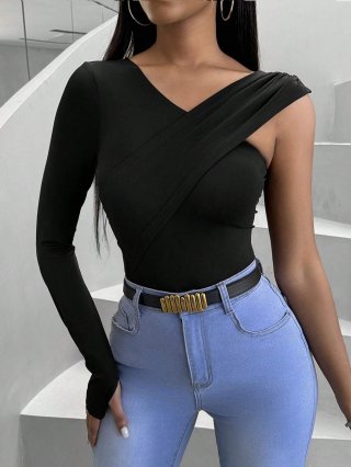 Women's Sexy Asymmetric One-Shoulder Long Sleeve T-Shirt Slim Fit Cross V-Neck Solid Color Polyester Elastane Ribbed Top Streetwear for Daily Dating Party