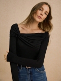 Women's Elegant Slant Neck T-Shirt Long Sleeve Asymmetric Ruching Slim Fit Top 80% Polyester 20% Cotton Blend Solid Color Chic Office Lady Blouse