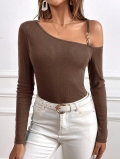 Women's Elegant Off-Shoulder T-Shirt Ribbed Knit Long Sleeve Top With Metal Chain Strap Slim Fit Commuter Polyester Blouse Autumn Winter Shirt