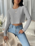 Women's Casual Ribbed Knit Cropped T-Shirt Long Sleeve Round Neck Solid Color Polyester Spandex Slim Fit Top for Daily Wear