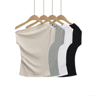 Women's One Shoulder Ruched T-Shirt Viscose Spandex Slim Fit Asymmetrical Sleeveless Top For Daily Summer Streetwear