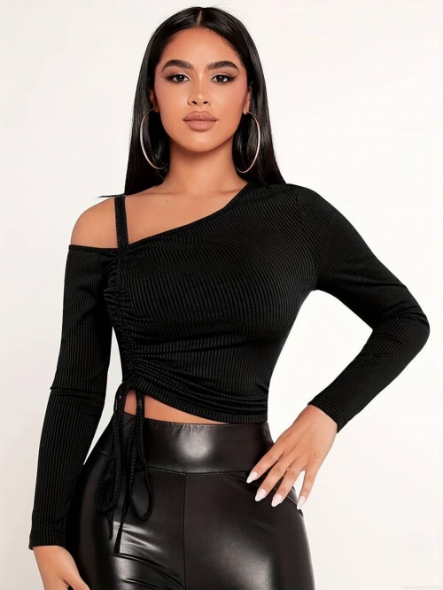 Women's Asymmetric Off-Shoulder Ribbed Knit T-Shirt Long Sleeve Slim Fit Ruched Drawstring Crop Top Solid Color Polyester Elastane Streetwear Clubbing Party Wear