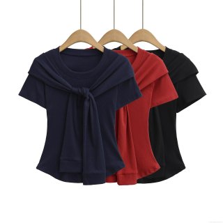Women's Ribbed Knit T-Shirt Fake Two-Piece Knot Front Shawl Design Short Sleeve Round Neck Cotton Blend Slim Fit Summer Casual Streetwear Top