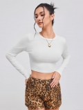 Women Sexy Backless Long Sleeve Crop Top Slim Fit Round Neck White Viscose T-Shirt With Tie Back Bow Fashion Streetwear Party Dating Casual Wear