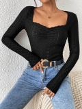 Women's Square Neck Long Sleeve T-Shirt Elegant Lace Hollow Out Slim Fit Top Solid Color Casual Autumn Winter Blouse For Women