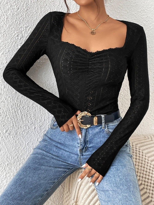 Women's Square Neck Long Sleeve T-Shirt Elegant Lace Hollow Out Slim Fit Top Solid Color Casual Autumn Winter Blouse For Women