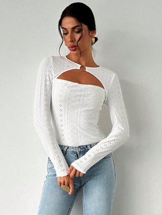 Women's Elegant Hollow Out Lace T-Shirt With Metal Ring Detail Long Sleeve Slim Fit Polyester Elastane Top For Autumn Winter Commute