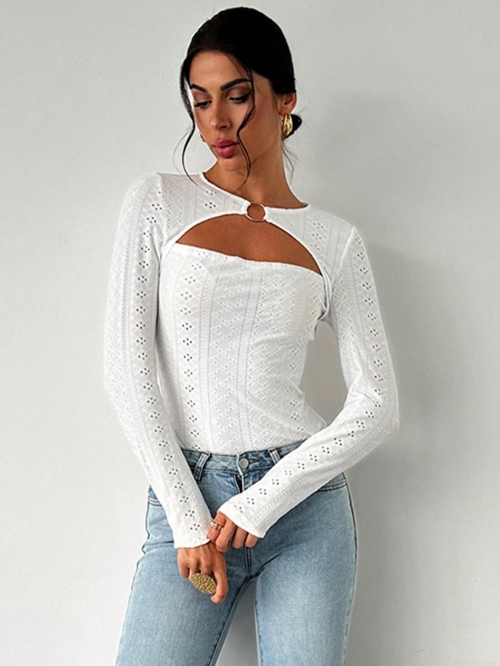 Women's Elegant Hollow Out Lace T-Shirt With Metal Ring Detail Long Sleeve Slim Fit Polyester Elastane Top For Autumn Winter Commute