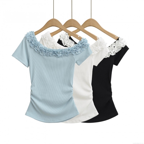 Women's Slim Fit Ribbed Knit T-Shirt Ruffle Trim Off-Shoulder Diagonal Neck Short Sleeve Cotton Rayon Blend Sexy Summer Top Streetwear Solid Color