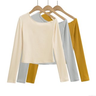 Women's Off Shoulder Long Sleeve Crop Top Asymmetric Neck Solid Color Slim Fit Cotton Blend Knit T-Shirt Sexy Streetwear Casual Pullover For Women