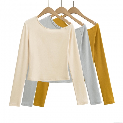 Women's Off Shoulder Long Sleeve Crop Top Asymmetric Neck Solid Color Slim Fit Cotton Blend Knit T-Shirt Sexy Streetwear Casual Pullover For Women