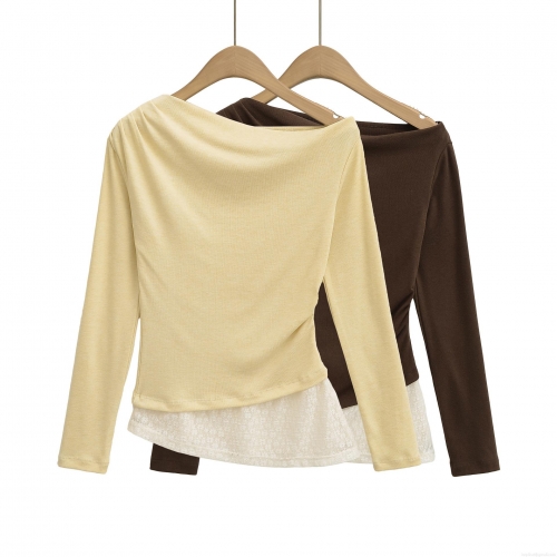 Women's Asymmetric Slant Shoulder Long Sleeve T-Shirt Knit Cotton Blend Lace Patchwork Ribbed Top Faux Two-Piece Irregular Hem Casual Streetwear Blouse