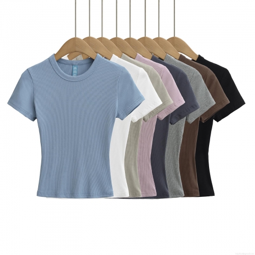Women's Ribbed Slim Fit Short Sleeve Cropped T-Shirt Modal Spandex Solid Color Round Neck Summer Basic Tee Top for Women