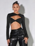 Women's Sexy Hollow Out Twist Front Long Sleeve Crop Top Slim Fit Solid Color Polyester Rib Knit T-Shirt For Streetwear Party Clubwear Autumn