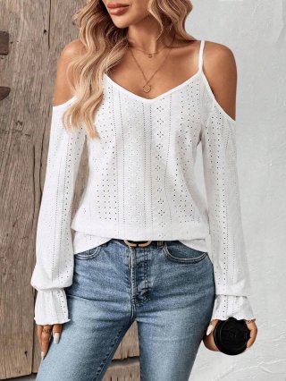 Women's Elegant Cold Shoulder V Neck Strappy Top Eyelet Embroidery Long Lantern Sleeve T-Shirt Casual Hollow Out White Polyester Elastane Blouse