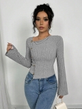 Women's Slim Fit Ribbed Knit T-Shirt Elegant Long Sleeve Crop Top With Decorative Buttons Asymmetrical Neckline Intellectual Style Pullover Tops