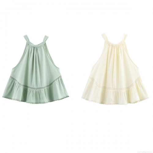 Women's Halter Neck Sleeveless Top Hollow Out Lace Patchwork Ruffle Hem Tie Up Backless Cotton Blend T-Shirt Summer Casual Streetwear Camisole