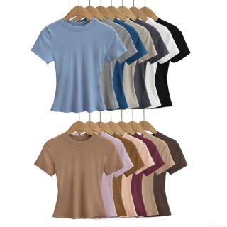 Women's Short Sleeve Ribbed Knit T-Shirt Round Neck Slim Fit Basic Solid Color Summer Top Casual Streetwear Tee For Women Soft Breathable Polyester Fabric Clothing